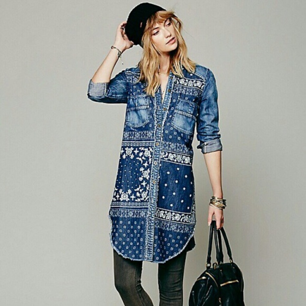 Free People Westward Won Denim Shirt tunic XS